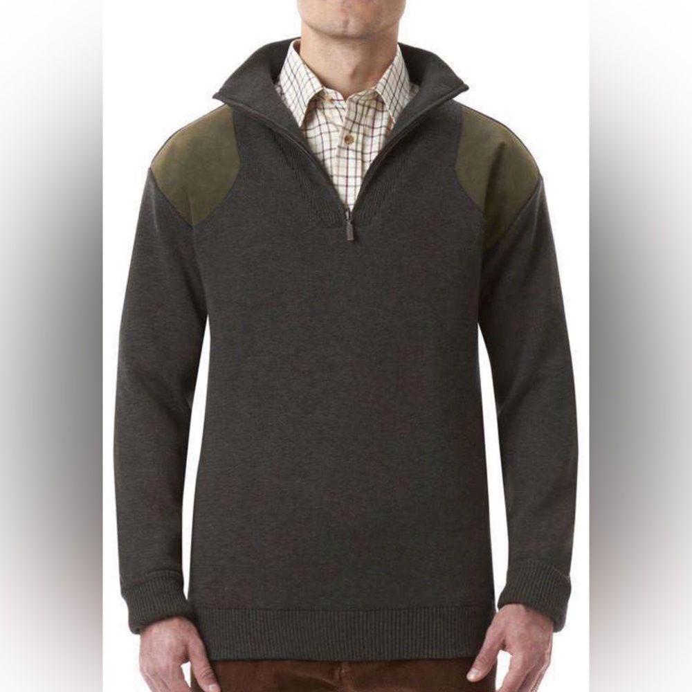 Barbour Sweater Half Zip Storm Loden Merino Wool Men's size Medium Elbow Patch